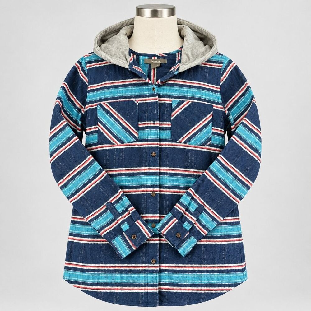 Natural Reflections Womens Small Hooded Flannel Shirt Striped Button Up Blue